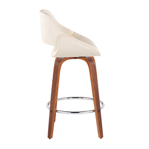 English Elm Fabrico Mid-Century Modern Counter Stool Set Of 2 - Walnut Wood, Cream Faux Leather, Chrome Footrest B202S00254