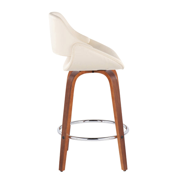 English Elm Fabrico Mid-Century Modern Counter Stool Set Of 2 - Walnut Wood, Cream Faux Leather, Chrome Footrest B202S00254