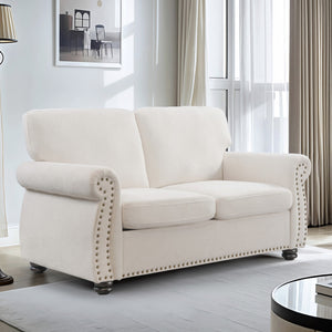 English Elm Soft Velvet Upholstered Loveseat with Turned Wood Legs Nailhead Trim Mid-century Style Ivory B2735P292313