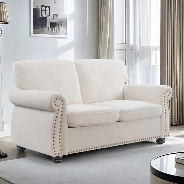 English Elm Soft Velvet Upholstered Loveseat with Turned Wood Legs Nailhead Trim Mid-century Style Ivory B2735P292313