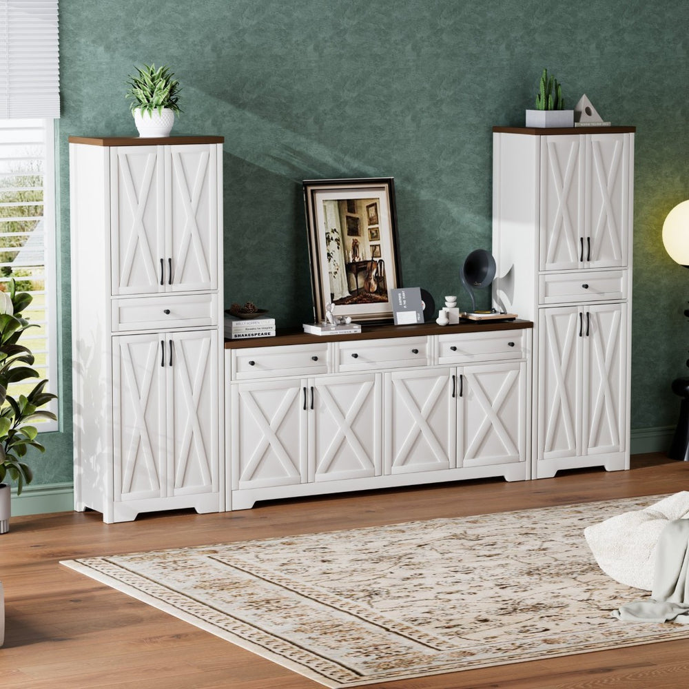 English Elm Tv Cabinet Set - Modern White & Walnut Multifunctional Storage Solution For Living Room, 113.5" L W1162S00018-GIGA