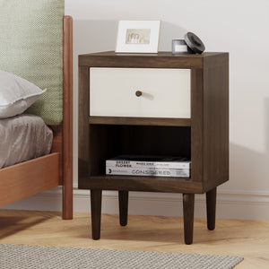 English Elm 1-drawer Nightstand with Splayed Rubberwood Legs and Open Shelf Mid-century Bedroom 72036.00