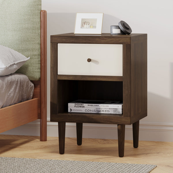 English Elm 1-drawer Nightstand with Splayed Rubberwood Legs and Open Shelf Mid-century Bedroom 72036.00