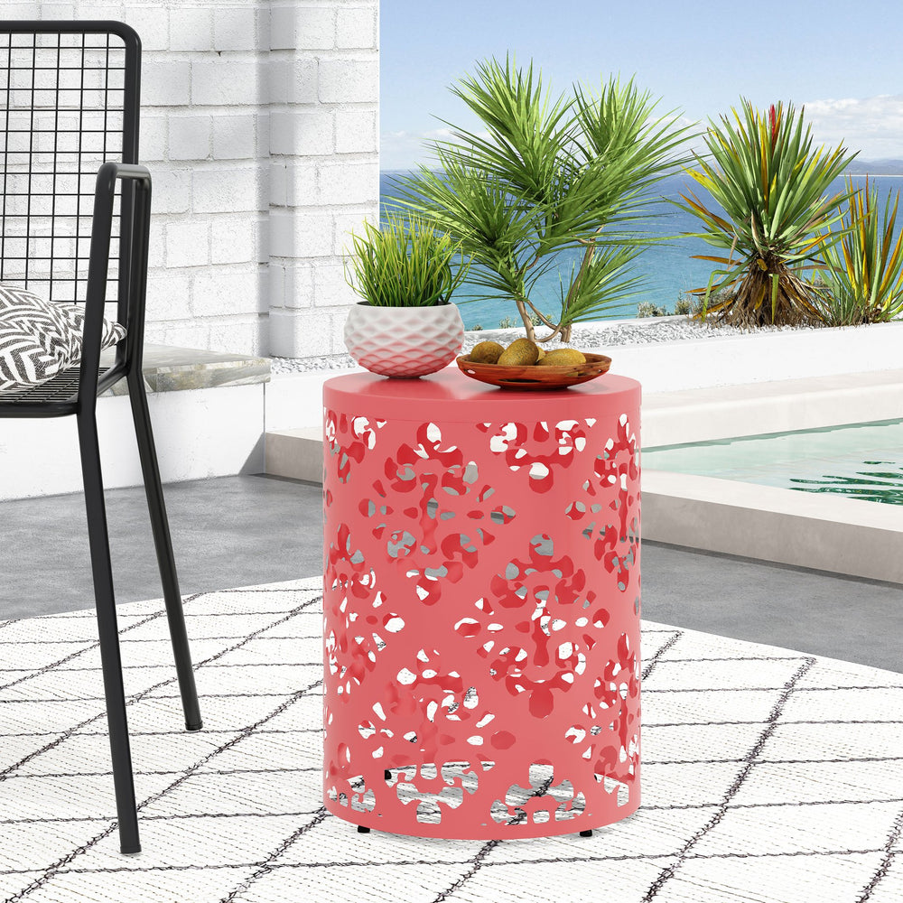 English Elm Outdoor Iron Accent Table Laser Cut Floral Cylinder Design for Patio or Balcony Coral 73605.00DCRL