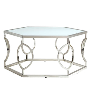 Homelegance By Top-Line Maxfield Hexagonal Metal Frosted Glass Coffee Table Nickel Tempered glass