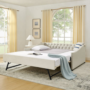 English Elm Full Size Upholstered Daybed with Trundle Usb Ports Tufted Back Wave Arms W1413S00158