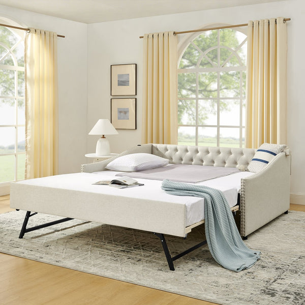 English Elm Full Size Upholstered Daybed with Trundle Usb Ports Tufted Back Wave Arms W1413S00158