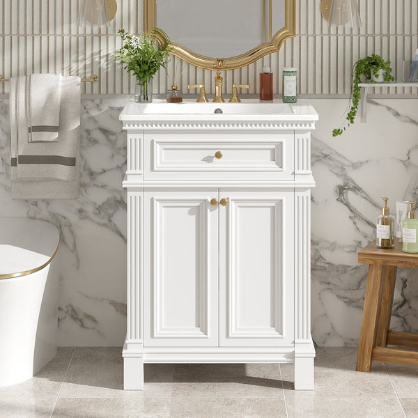 English Elm 24'' Carved Farmhouse Bathroom Vanity with Ceramic Sink Soft Close Storage Cabinet White N710P446530K