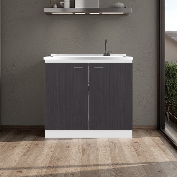 English Elm Zurich Freestanding Stainless Steel Utility Sink with Black Storage Cabinet for Garage Black & White Print B200S00458