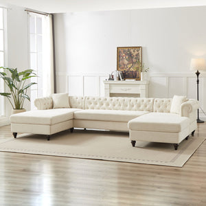 English Elm 135.5-inch Modern Chenille U-Shaped Sectional Sofa with Dual Chaise, Pull-Point Detail, Pillows, Wooden Legs Beige W1926S00045