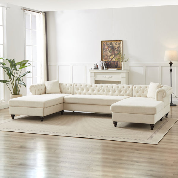 English Elm 135.5-inch Modern Chenille U-Shaped Sectional Sofa with Dual Chaise, Pull-Point Detail, Pillows, Wooden Legs Beige W1926S00045