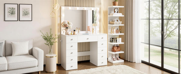 English Elm Vanity Desk Hollywood Led Mirror 11 Drawers 7 Tier Shelving White Glam Mdf N704G202309K
