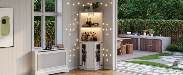 English Elm 67.3" Farmhouse Corner Bar Cabinet Led Lit Wine Storage with Built-in Power Outlets N735P361423K