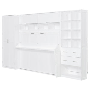 English Elm Full Size Murphy Wall Bed with Wardrobe Drawers Shelving for Studio Apartments LP000383AAK
