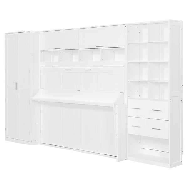 English Elm Full Size Murphy Wall Bed with Wardrobe Drawers Shelving for Studio Apartments LP000383AAK