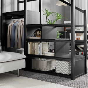 English Elm Queen Metal Loft Bed with Stair Storage Wardrobe and Under-bed Space for Teens W2580S00059