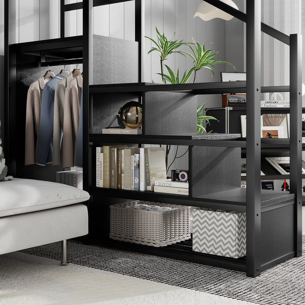 English Elm Full Size Metal Loft Bed with Stair Storage and Built-in Wardrobe for Kids W2580S00058