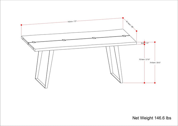 English Elm Delta Delta Dining Table handcrafted solid acacia wood 72"x36" live edge top with black iron legs durable finish Walnut B136P203497