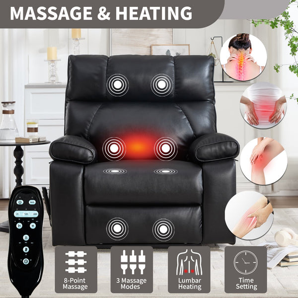 English Elm Black Leatheraire Power Lift Recliner with Massage Heat and 350 Lb Dual Motor W1803P340318