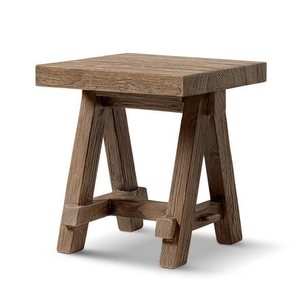 English Elm Hawthorne Reclaimed Elm Square Side Table with Trestle Base for Modern Rustic Interiors Brown B2719P474458