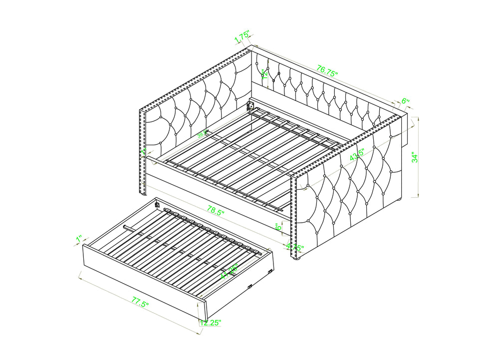 English Elm Luxurious Tufted Daybed with Nailhead Trim and Built-In Trundle — Elegant Rolled Arms, Plush Fabric Comfort Gray 86.22 L x 14.76 W x 9.06 H B011S01636