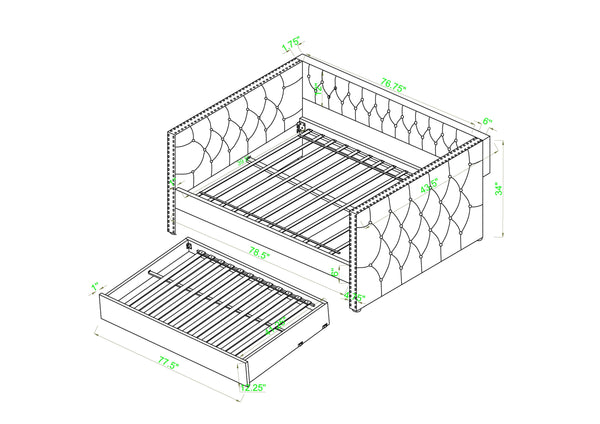 English Elm Luxurious Tufted Daybed with Nailhead Trim and Built-In Trundle — Elegant Rolled Arms, Plush Fabric Comfort Gray 86.22 L x 14.76 W x 9.06 H B011S01636
