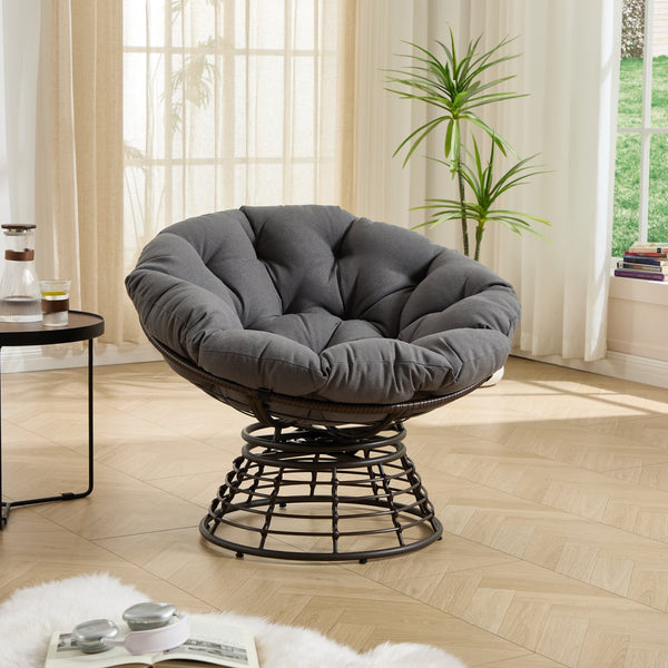English Elm Comfortable Rattan Papasan Swivel Chair Overstuffed Cushion Bohemian Lounge Seating W640P443551
