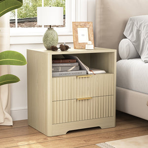 English Elm Nightstand Wood Cabinet with Built-in Usb Charging Ports and Voice Controlled Night Light W1321P399415