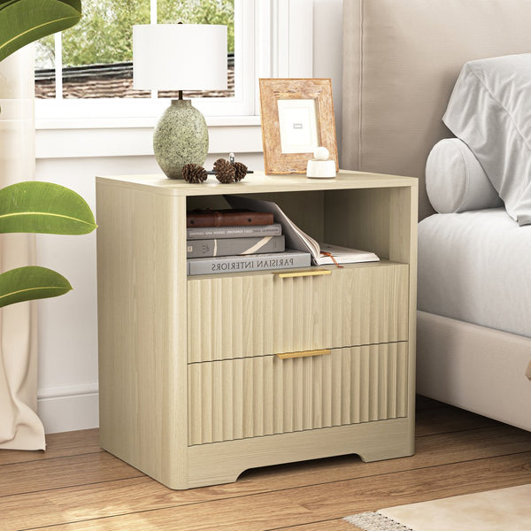 English Elm Nightstand Wood Cabinet with Built-in Usb Charging Ports and Voice Controlled Night Light W1321P399415