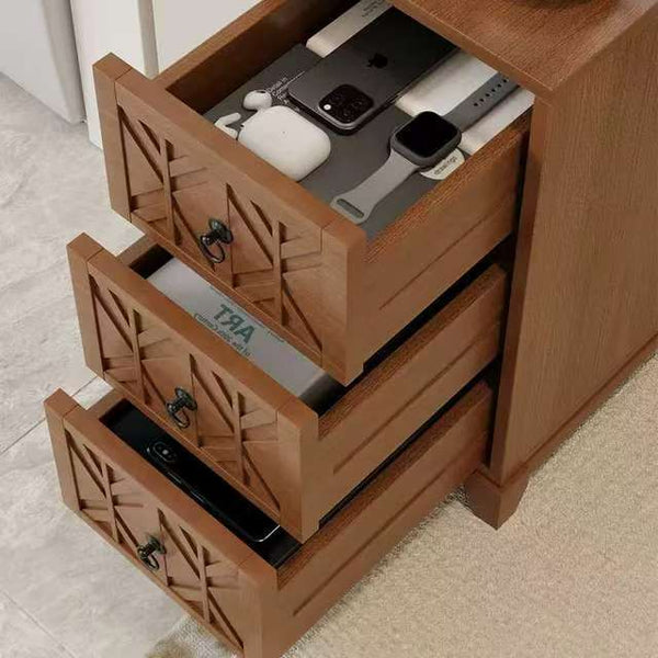 English Elm End Table With 3 Drawers & 2 Open Shelves - Stylish Walnut Corner Table With Power Outlet & Usb Ports W2593P289146