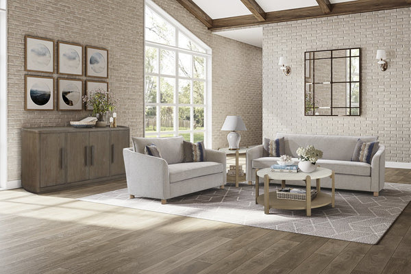 English Elm Sofa Sand Fabric with 2 Down Pillows, Reversible Cushions, High-Density Foam & Durable Padded Sides B2699P298413