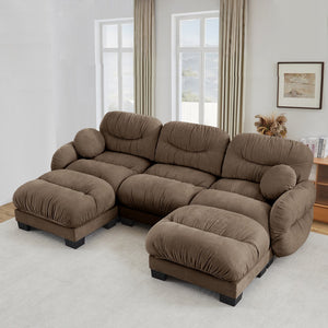 English Elm Pleated Chenille U-shape Sectional Sofa with Ottomans Ergonomic Foam Curved Armrests Brown W5656S00060