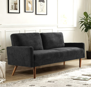 English Elm Velvet Upholstered Three Seat Sofa with Tapered Rubberwood Legs Mid Century European Style Black B2735P291964