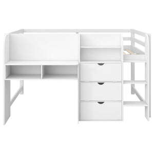 English Elm Full Size Low Loft Bed With Desk, Storage Solutions & Whiteboard For Creative Learning – White Finish N7090005005K