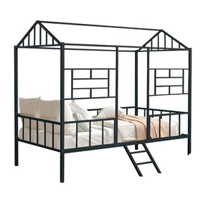 English Elm Black Twin Loft Bed with House-Style Gable, Full Metal Frame, Angled Ladder, Modern Kids Bunk Black 15 L x 78 W x 7 H B2741P347293