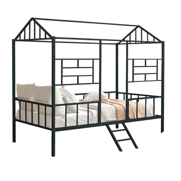 English Elm Black Twin Loft Bed with House-Style Gable, Full Metal Frame, Angled Ladder, Modern Kids Bunk Black 15 L x 78 W x 7 H B2741P347293
