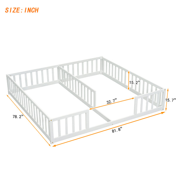 English Elm Double Twin Floor Bed With Safety Guardrails, Space-Saving Design In White For Cozy Shared Sleep W504P143286