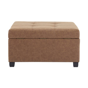 English Elm 35" Waffle-tufted Faux Leather Lift-top Ottoman with Hidden Storage and Birch Legs N767P356738B