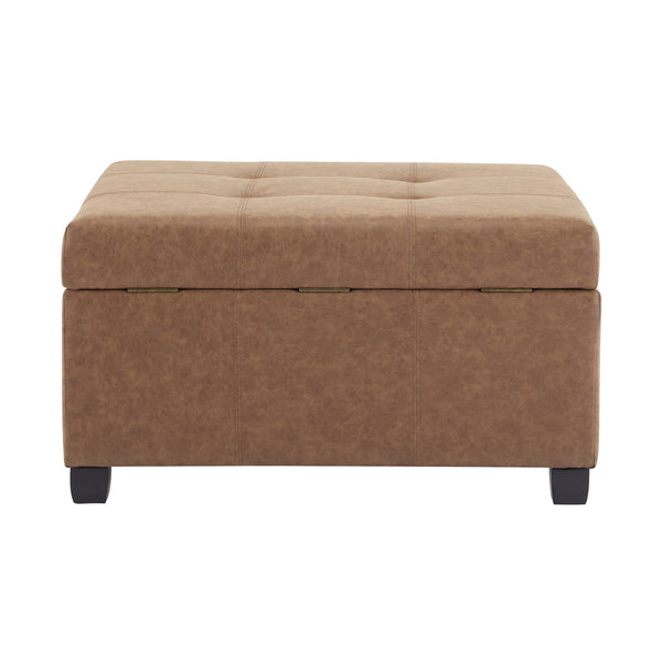 English Elm 35" Waffle-tufted Faux Leather Lift-top Ottoman with Hidden Storage and Birch Legs N767P356738B