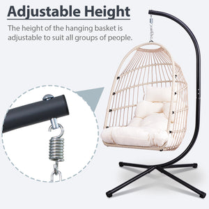 English Elm Foldable Hanging Egg Chair with Stand and Pillow, HDPE Rattan Wicker Swing, Heavy-Duty Frame, Cozy Headrest Beige W2500P339167
