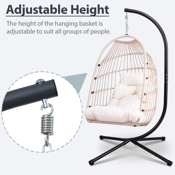 English Elm Foldable Hanging Egg Chair with Stand and Pillow, HDPE Rattan Wicker Swing, Heavy-Duty Frame, Cozy Headrest Beige W2500P339167