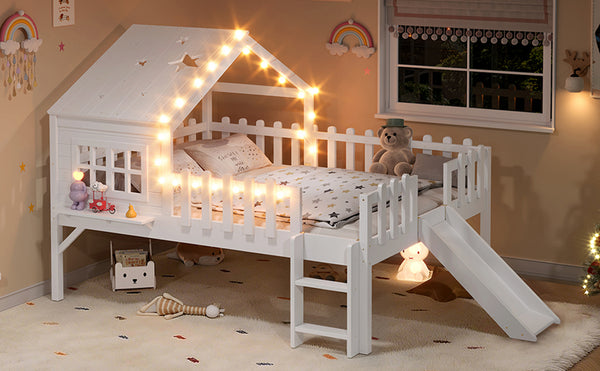 English Elm Twin Playhouse Loft Bed Solid Pine Frame with Slide Led Lights and Star Roof White W5316S00004