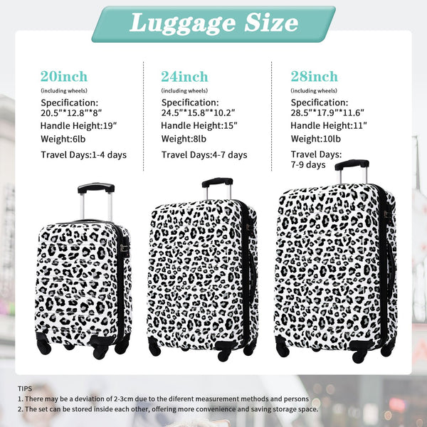 English Elm Hardshell Polycarbonate Luggage Set Three Piece Spinner Suitcases with Tsa Lock White+Black Leopard N732P218227B