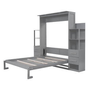 English Elm Queen Murphy Wall Bed with Led Lighting Open Shelves Drawers Space Saving Cabinet Gray LP000566AAE-3