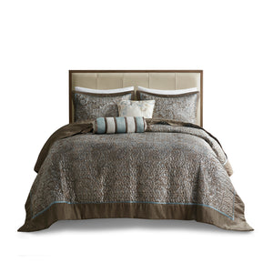 English Elm 5 Madison Park Aubrey Reversible Jacquard Bedspread Set Queen in Blue Taupe with Quilted Shams & Pillows B03597489