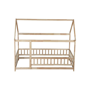 English Elm Twin House Frame Floor Bed Rubberwood with Roof Canopy and Safety Rails for Kids Natural W504P429345
