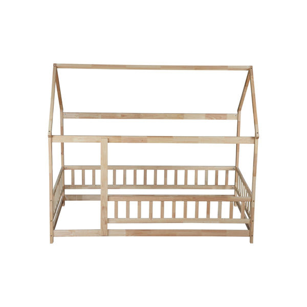 English Elm Twin House Frame Floor Bed Rubberwood with Roof Canopy and Safety Rails for Kids Natural W504P429345