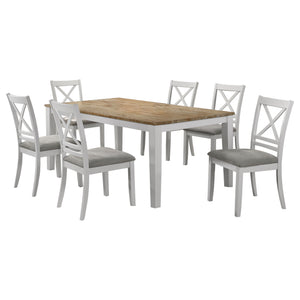 English Elm Prager 7-Piece Farmhouse Dining Set with White Frame & Natural Wood Top, Cross-Back Fabric Chairs B062S01131