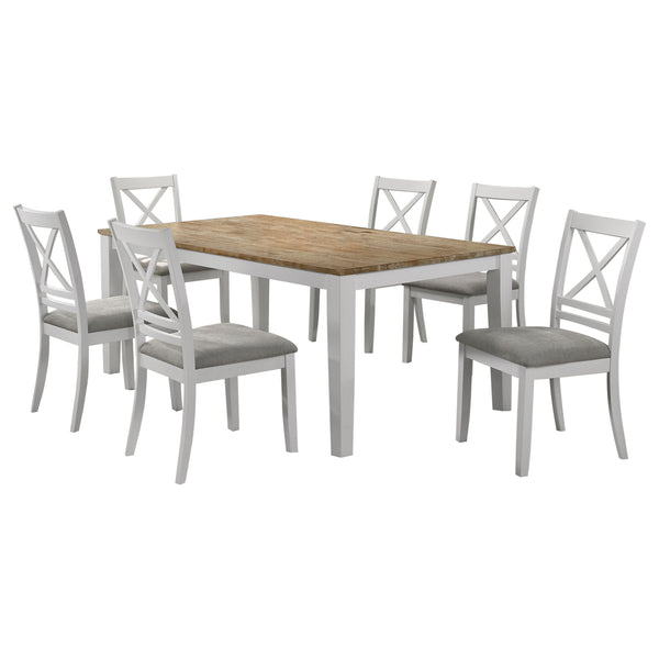 English Elm Prager 7-Piece Farmhouse Dining Set with White Frame & Natural Wood Top, Cross-Back Fabric Chairs B062S01131