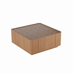 English Elm 31.5-inch Square Walnut Coffee Table Tempered Glass Top with Hidden Storage Drawers W2263P458486